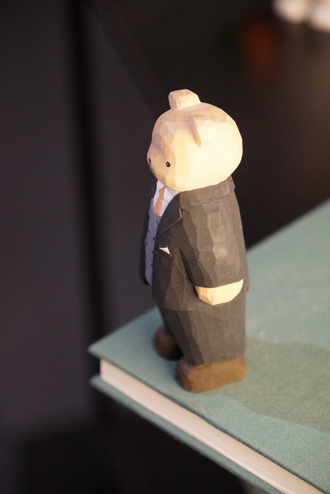 Handcrafted Basswood Bear Figurine in British Gentleman Suit