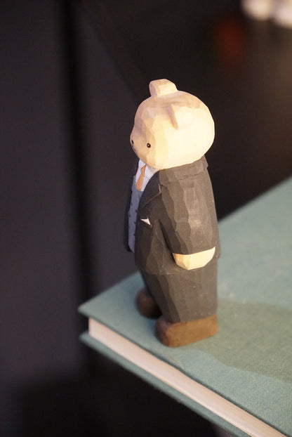 Handcrafted Basswood Bear Figurine in British Gentleman Suit
