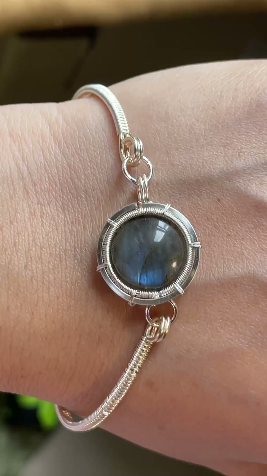 Blue Flash Labradorite Wire Wrapped Bracelet