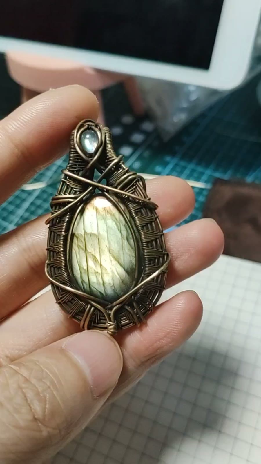 Antiqued Brass Wire Wrapped Golden Stone Pendant