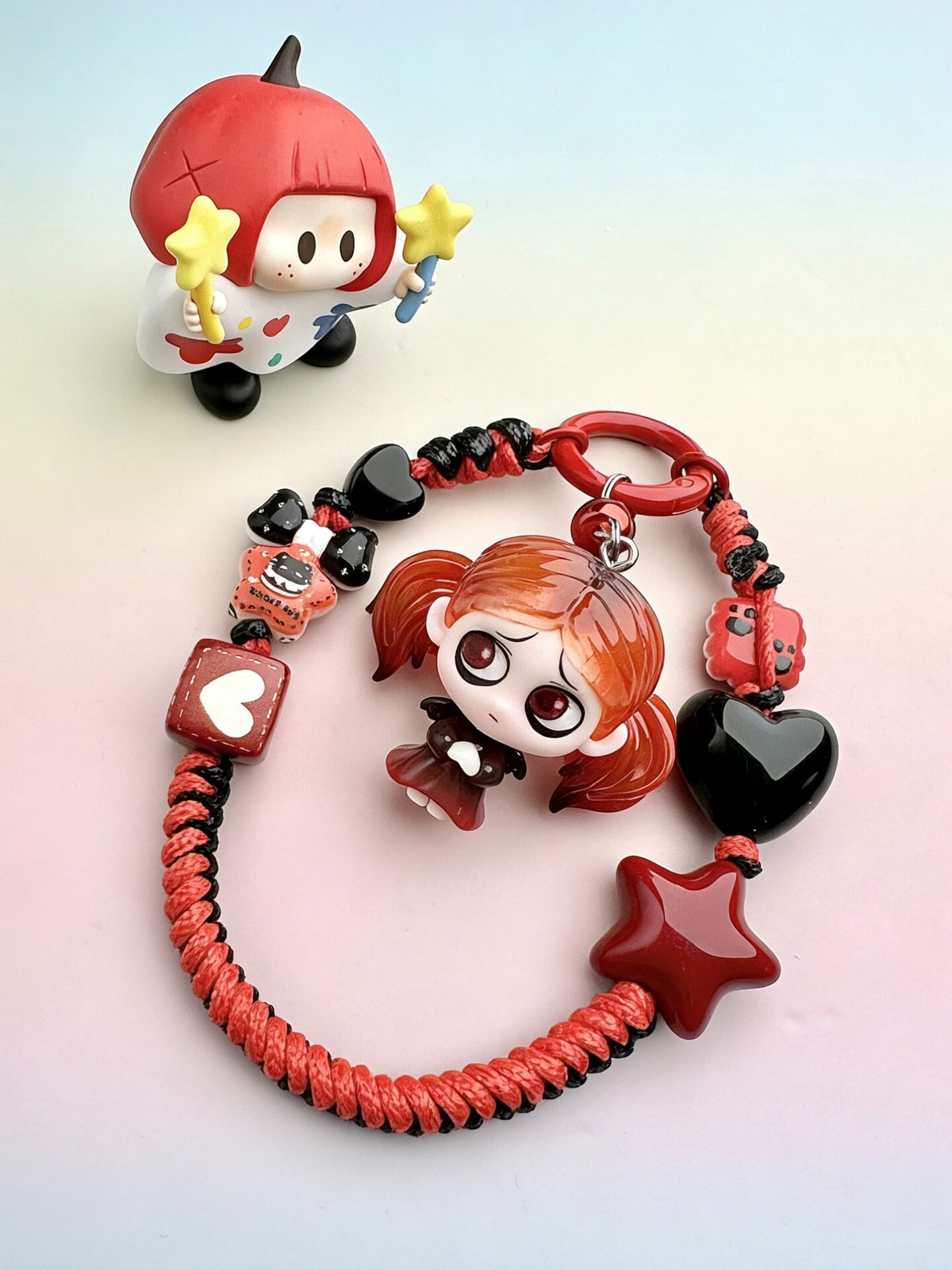 Handmade Braided Phone Chain Red Black Figurine