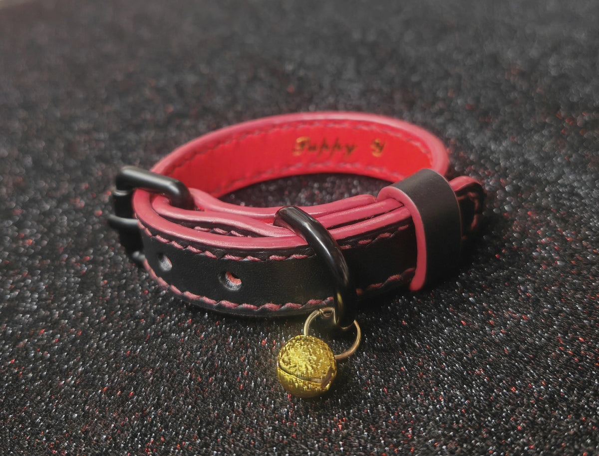 Handcrafted Black Red Leather Bracelet with Bell Charm