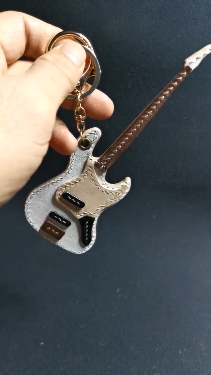 Hand Stitched Leather Guitar Keychain Bag Charm