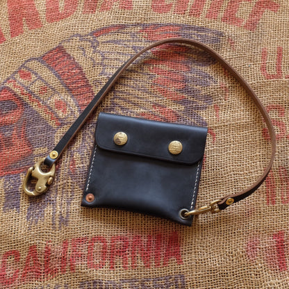 Black Leather Flap Pouch with Brass Snap Buttons and Contrast Stitching