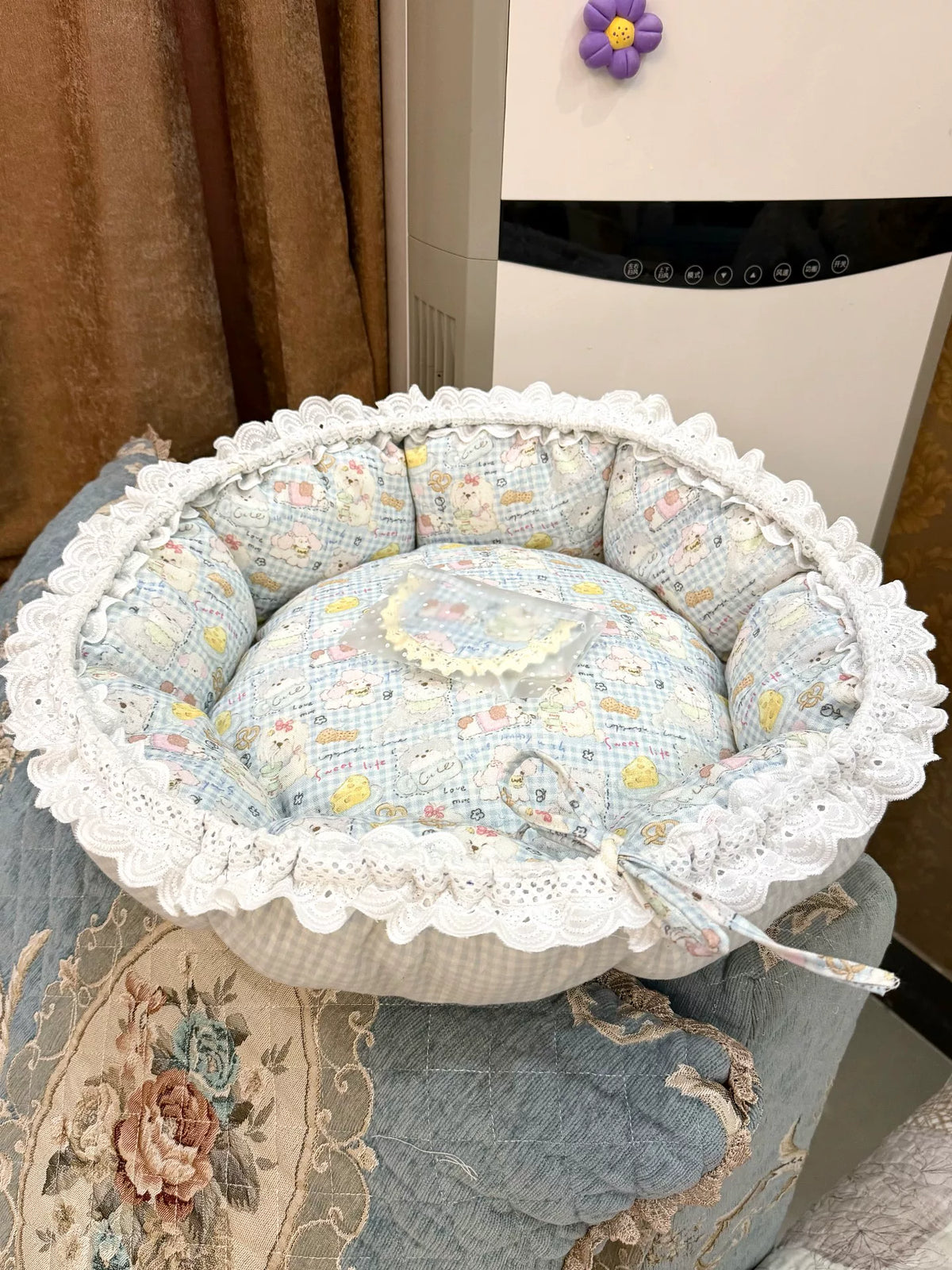 Handmade Cat Bed Cotton Gingham Lace Nest
