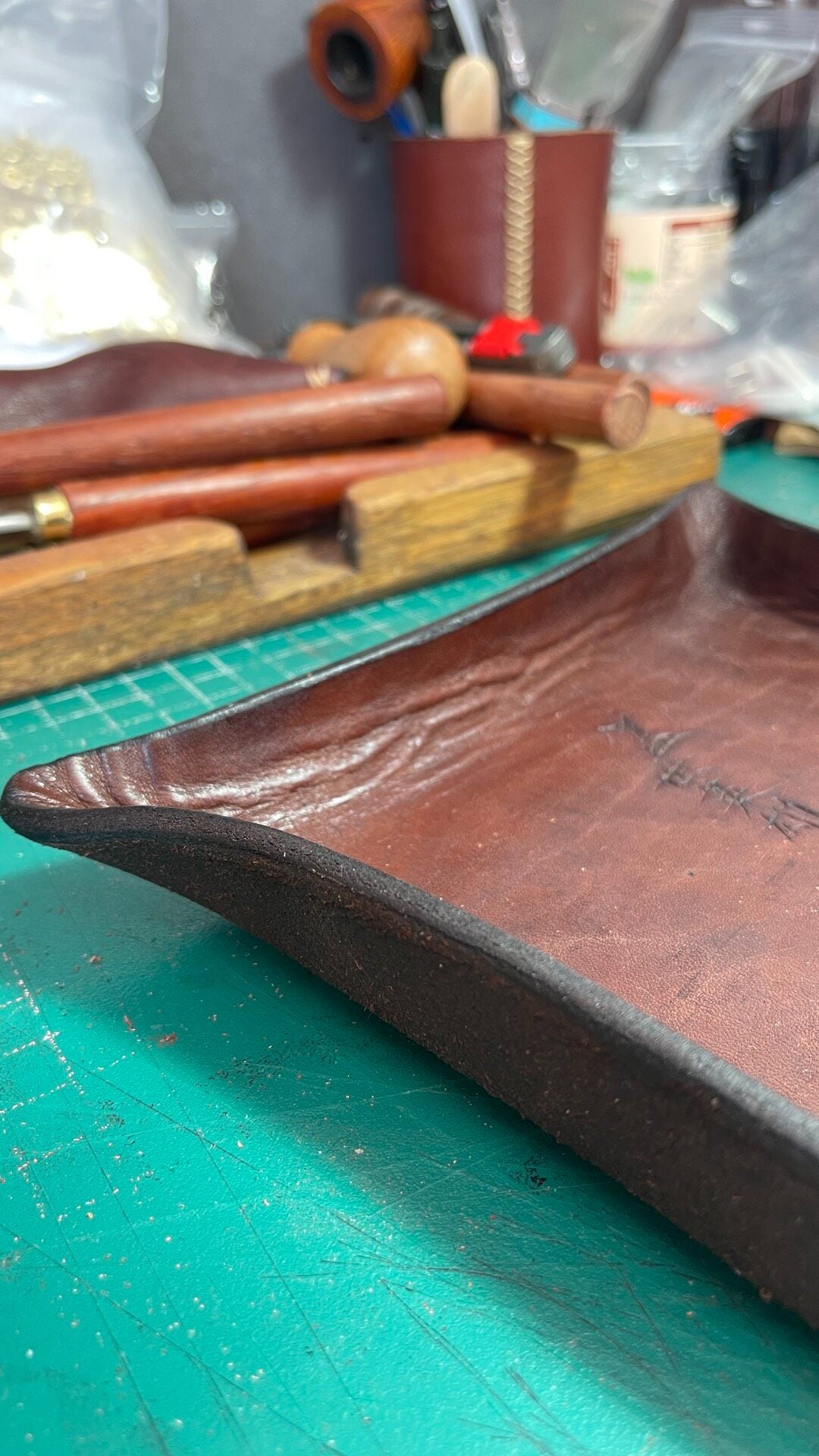 Hand-Carved Leather Tray with Upturned Corners