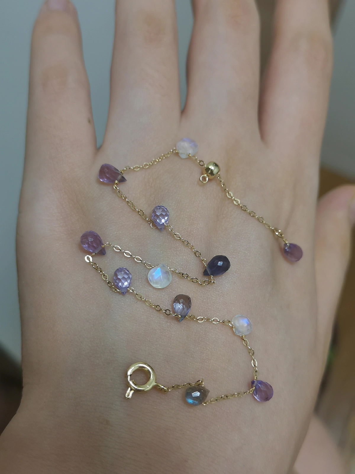 Gold Chain Bracelet with Purple Gemstone Beads