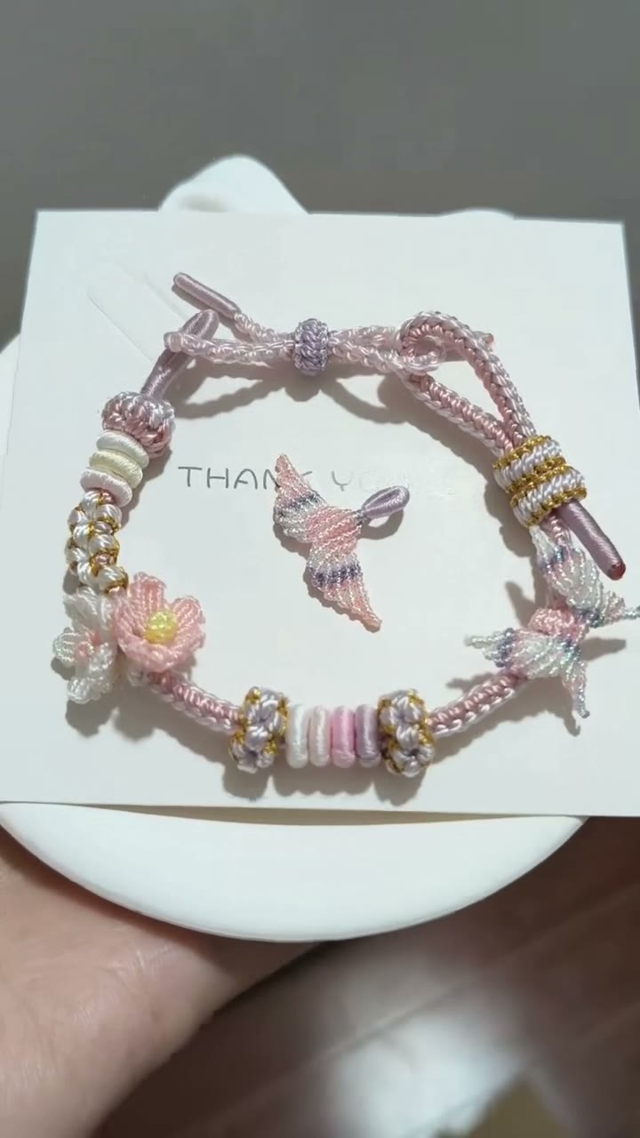 Handwoven Pink Flower Bracelet