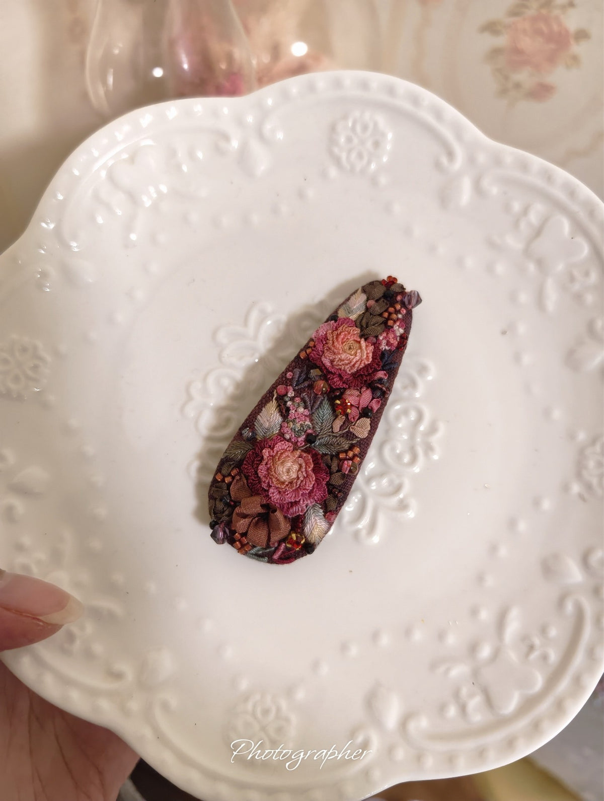 Vintage Rose Embroidery Bobby Clip