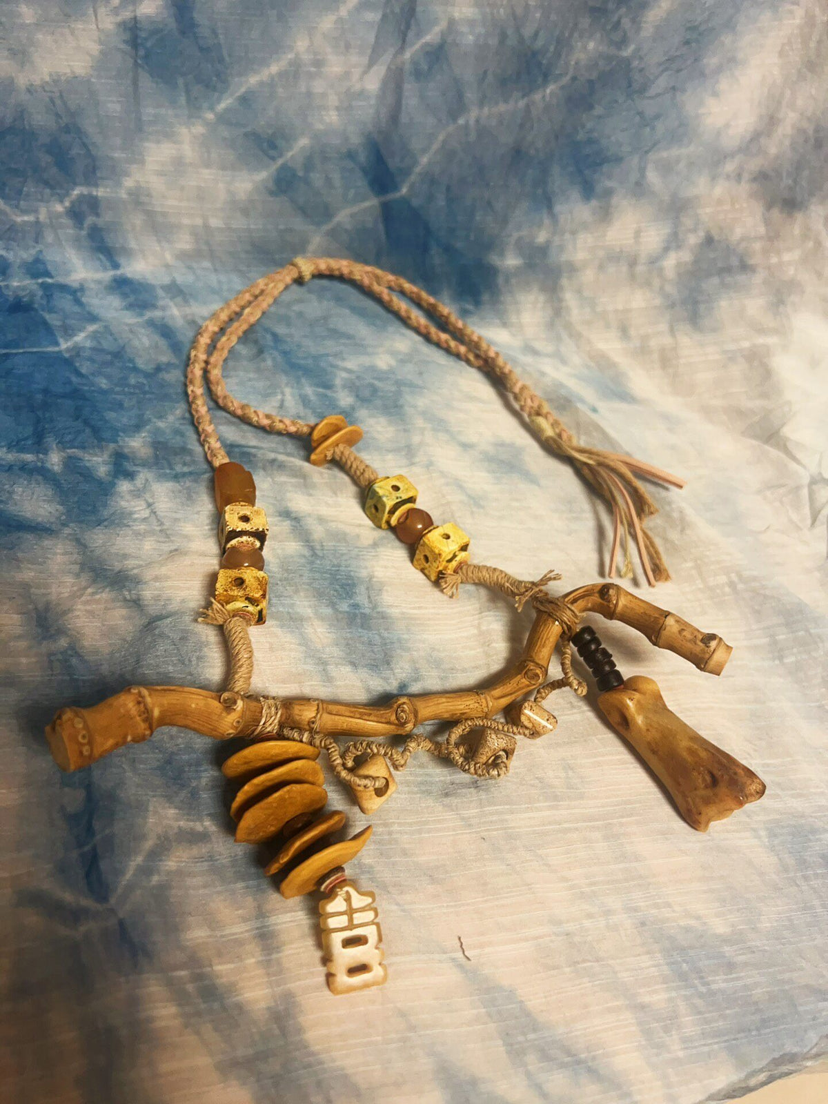Handwoven Bamboo Root Necklace with Bone Pendant
