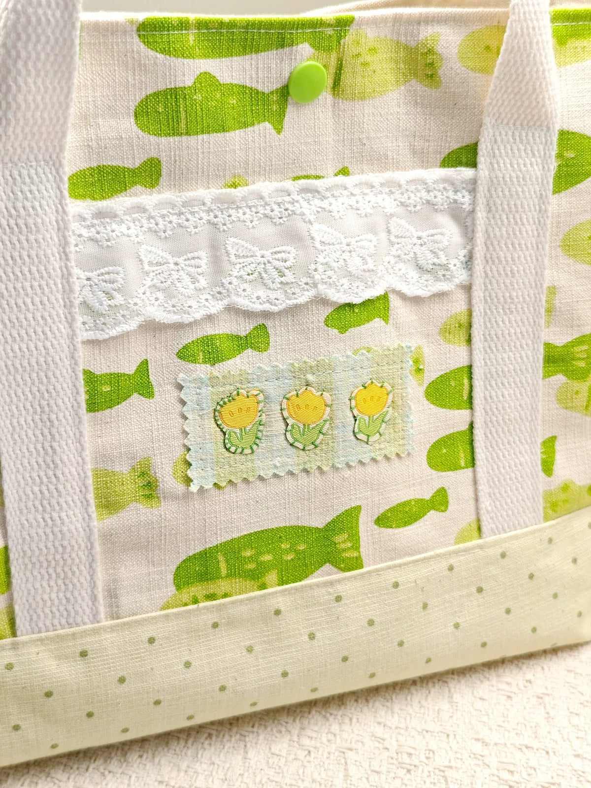 Saco Tote de Algodão com Estampa de Peixe Verde