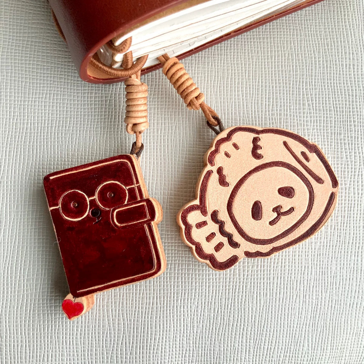 Handmade Leather Panda and Notebook Charm Set