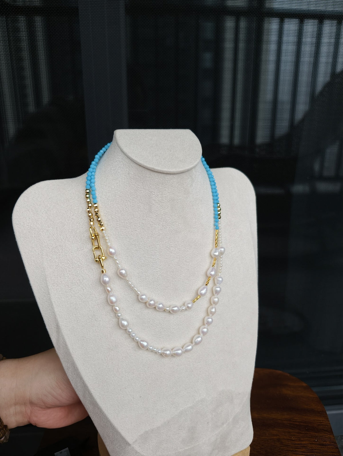 Colar de Pérolas de Água Doce com Contas Azul-Turquesa