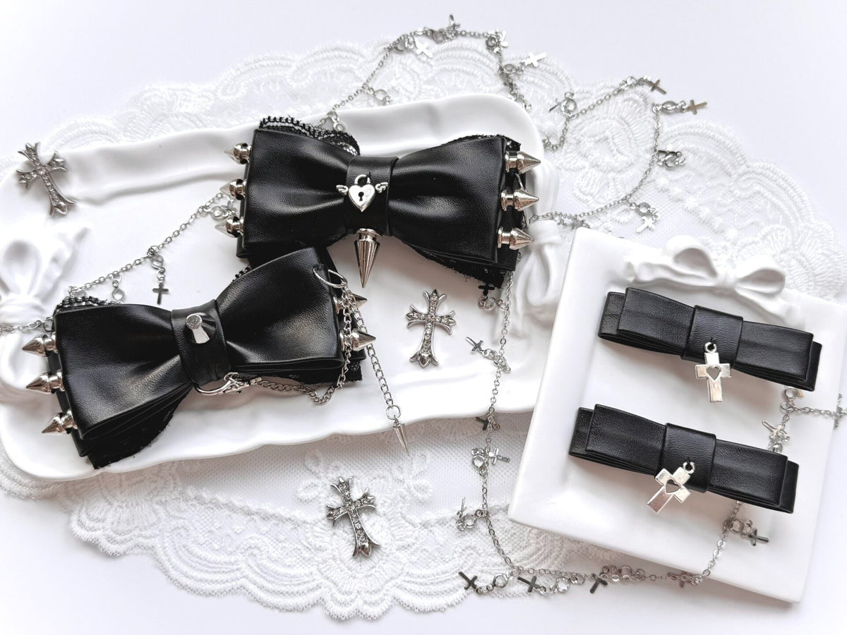 Leather Spiked Bow Hair Clips Set