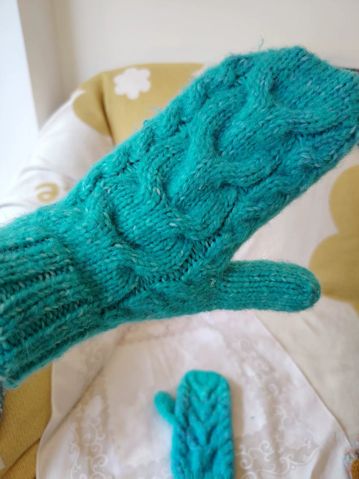 Hand Knitted Cable Wool Mittens Turquoise