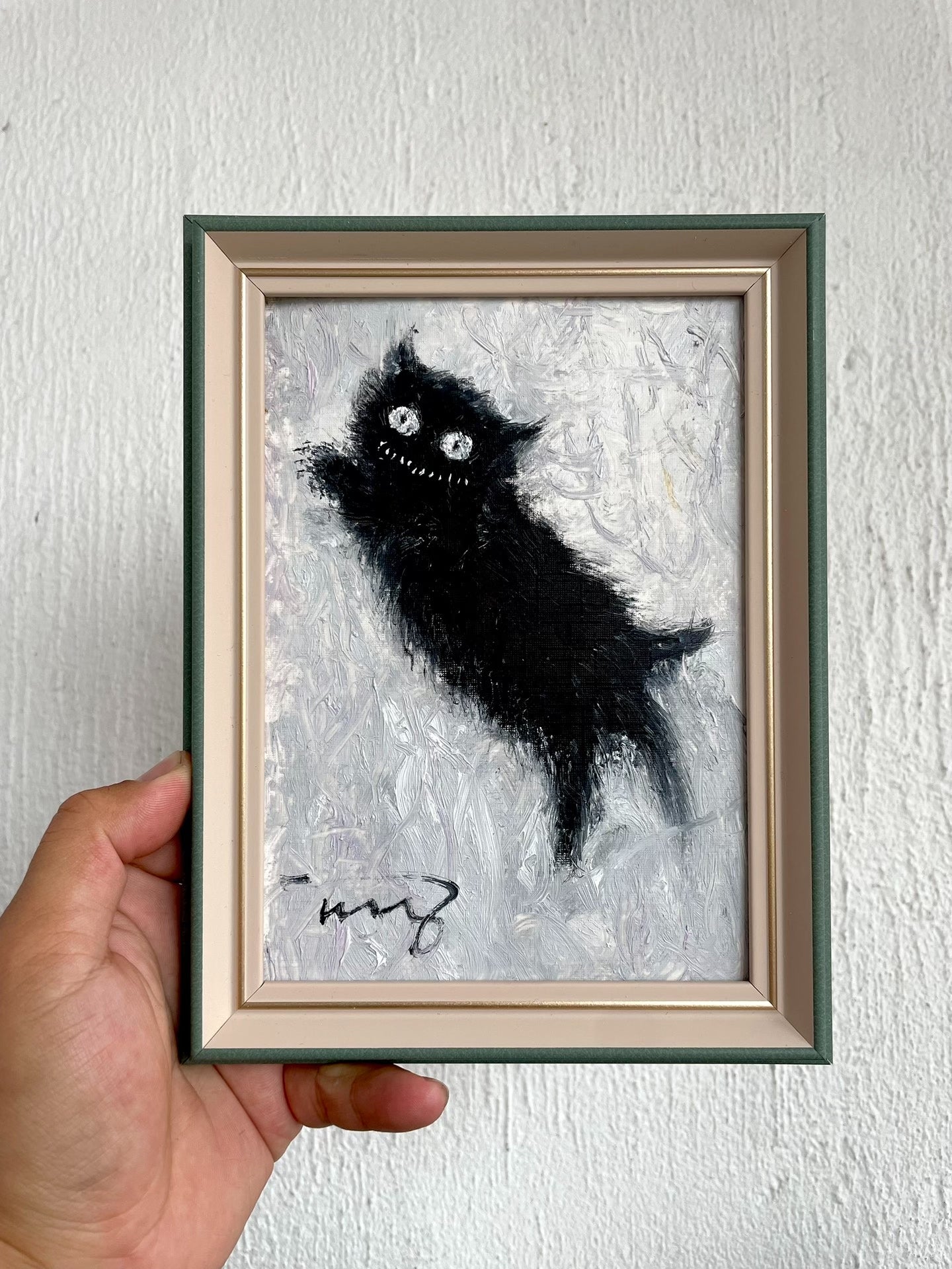 Hand-Painted Oil Black Cat Artwork, 16x21cm Framed