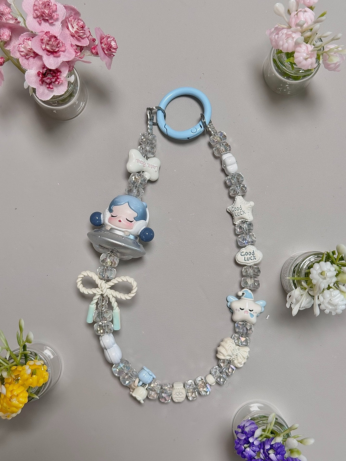 Blue Beaded Doll Charm Phone Chain