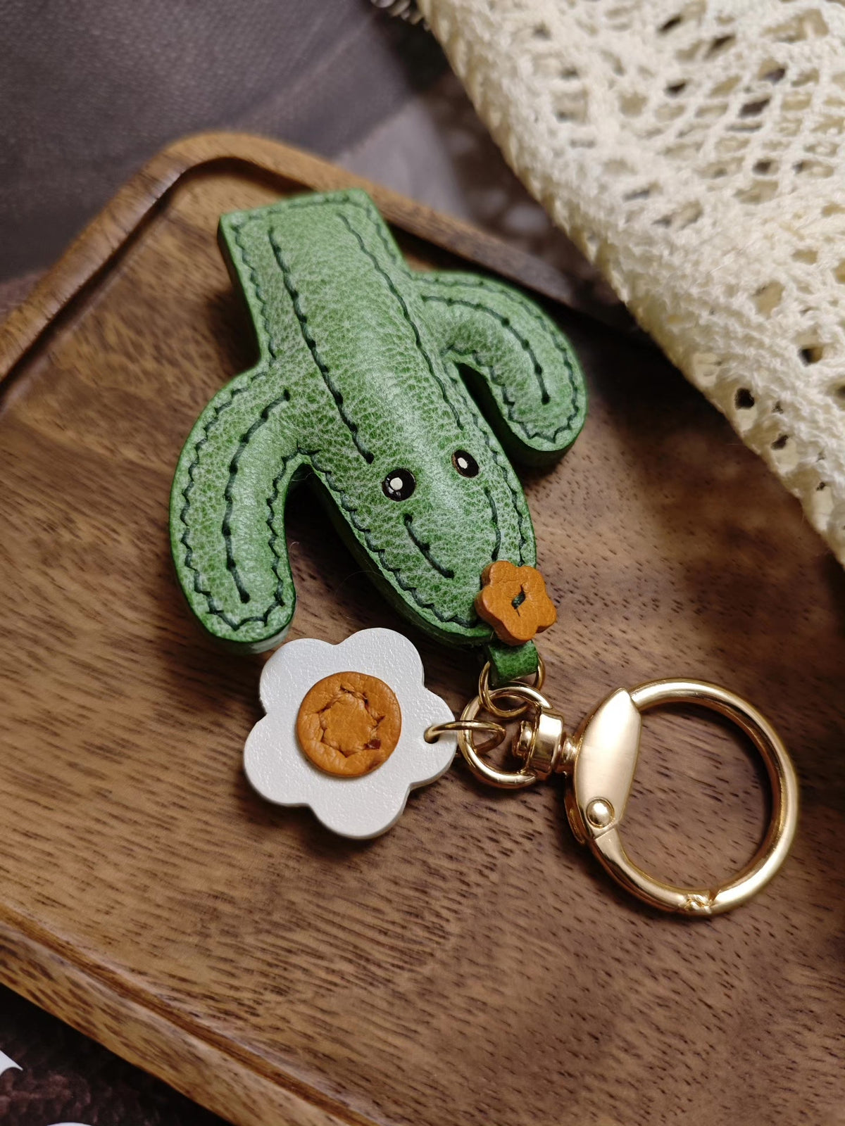Waxed Leather Cactus Keychain with White Flower Charm