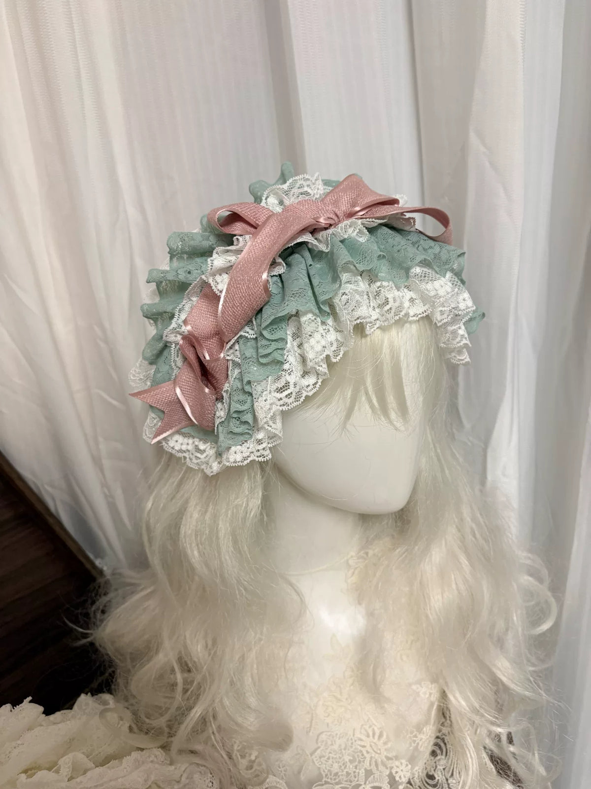 White and Mint Lace Ruffled Bonnet