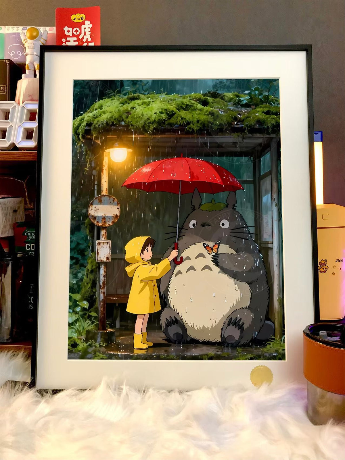 Framed Totoro Rainy Night Art Print