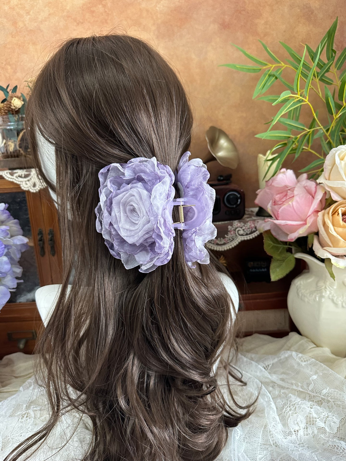 Lavender Fabric Rose Hair Claw Clip