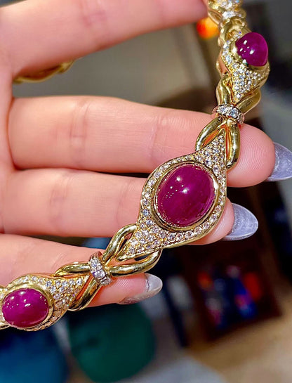 18K Gold Ruby and Diamond Cabochon Necklace, 42cm
