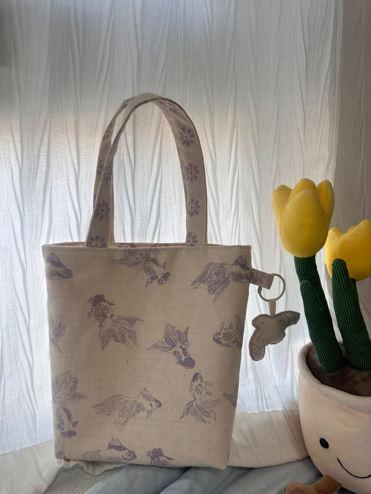 Handmade Purple Goldfish Pattern Tote Bag