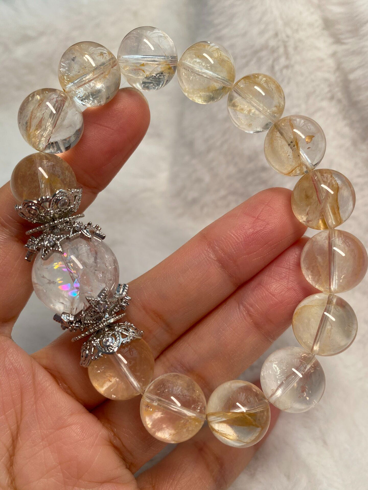 Crystal Quartz Beaded Bracelet with Rainbow Center
