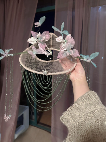Custom Silk Veil Hat with Hand-Dyed Flowers and Beaded Curtain