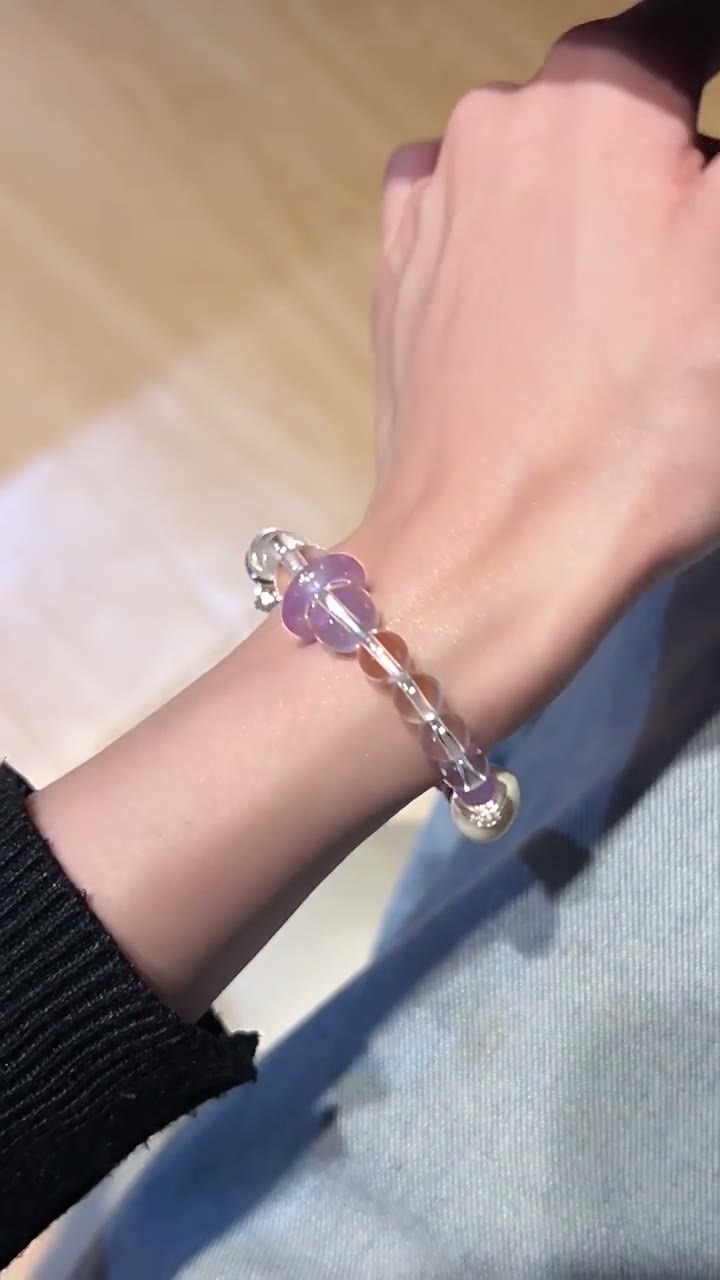 S925 Silver White Crystal Purple Chalcedony Beaded Bracelet