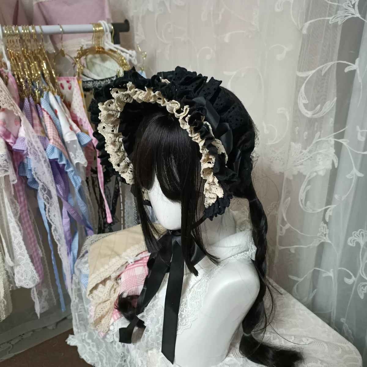 Black Lace Two in One Headband Bonnet