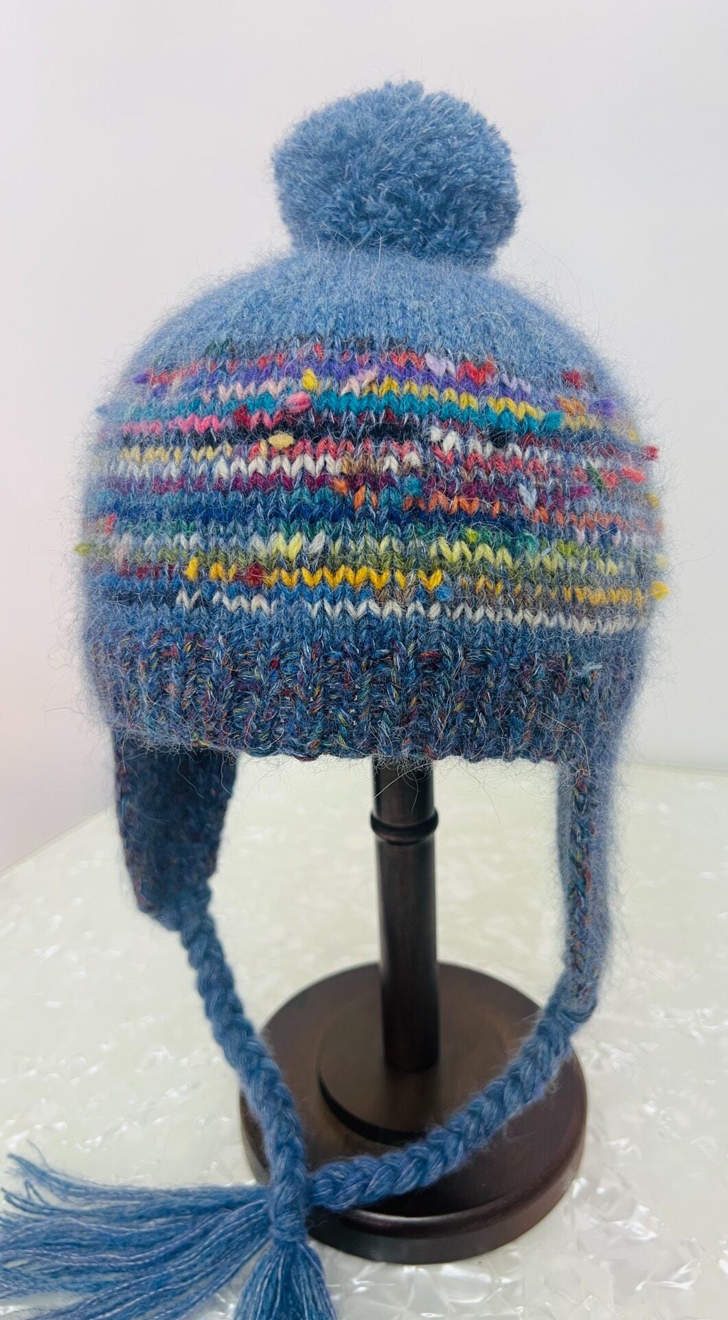 Wool Mohair Earflap Hat with Pom Pom