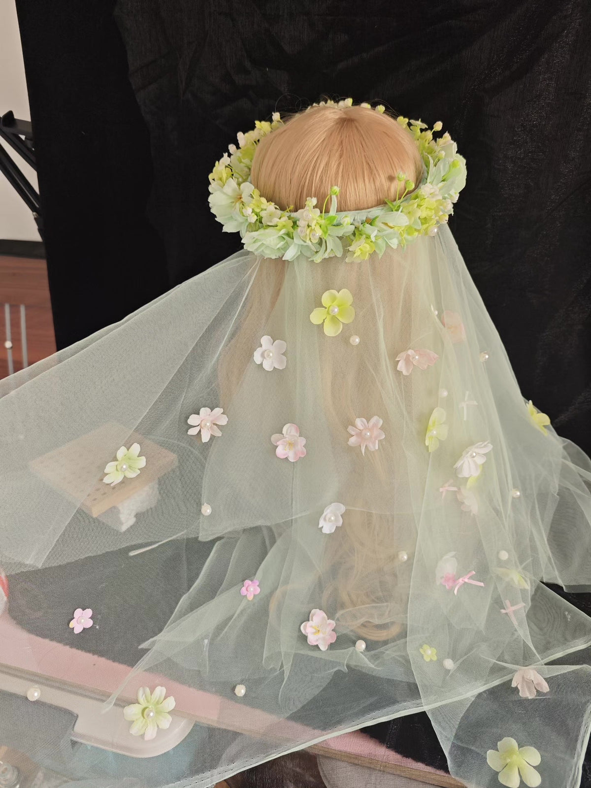Green Floral Wreath Headpiece with Detachable Veil