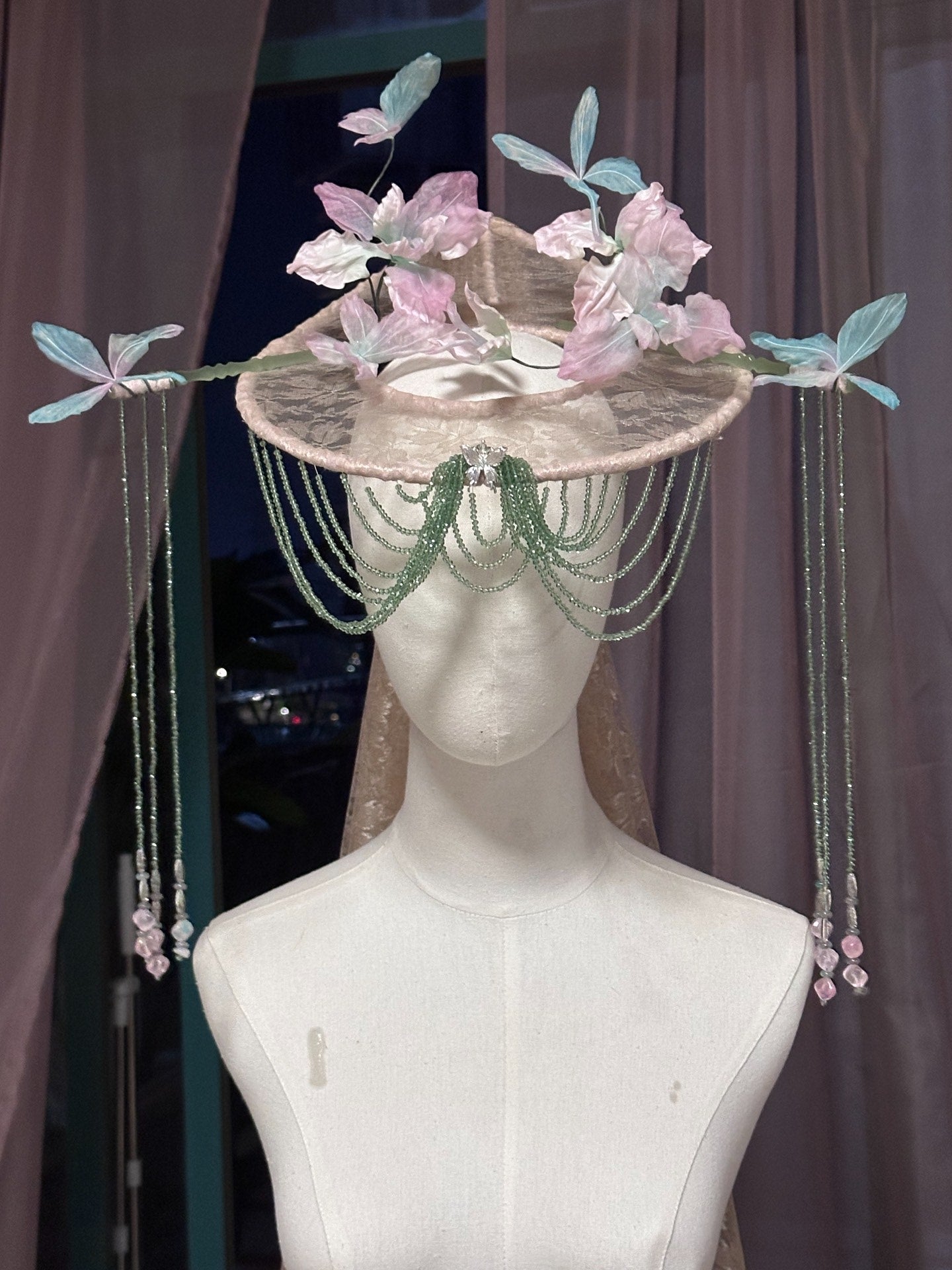 Custom Silk Veil Hat with Hand-Dyed Flowers and Beaded Curtain