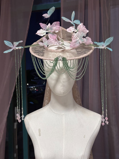 Custom Silk Veil Hat with Hand-Dyed Flowers and Beaded Curtain