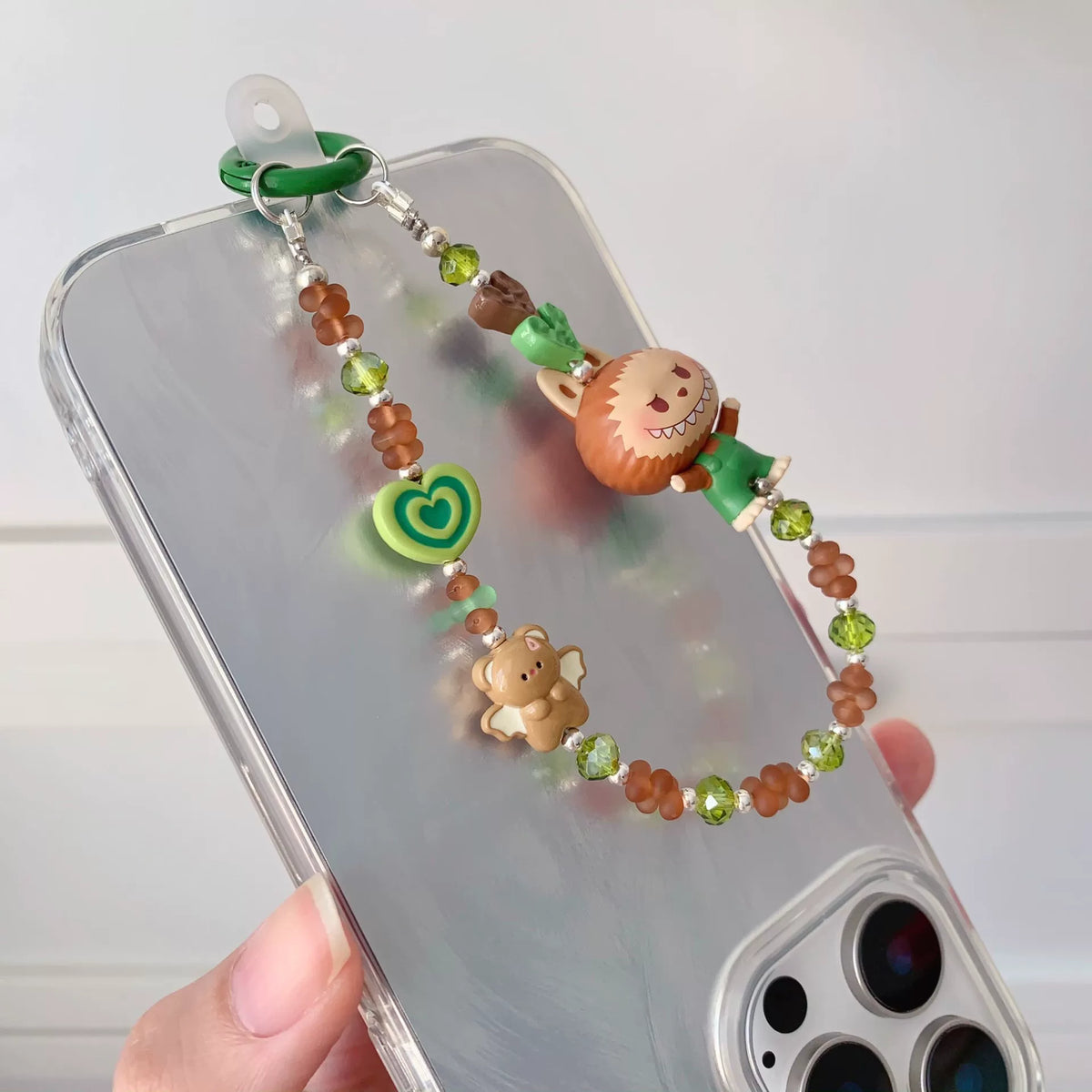 Green Beaded Phone Charm with Cartoon Figure