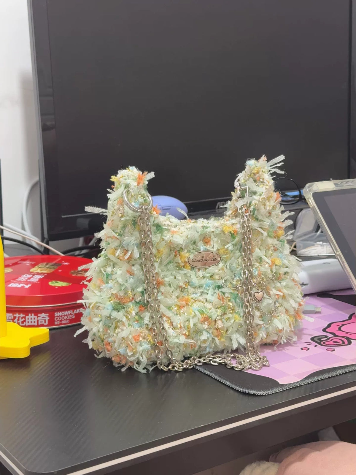 Mint Fuzzy Shoulder Bag with Silver Chain Strap