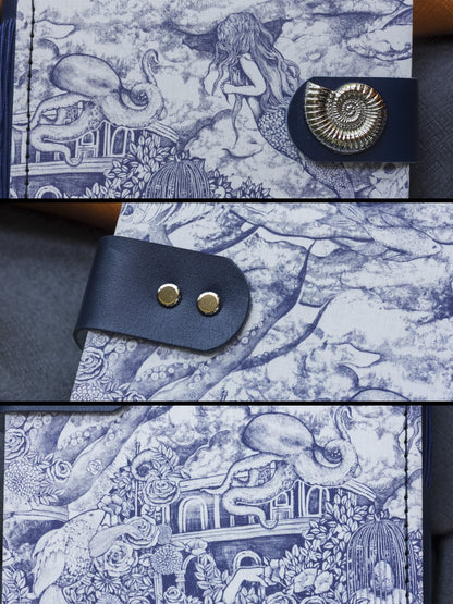 Handmade Blue and White Sea Pattern Fabric Journal, Nautilus Clasp
