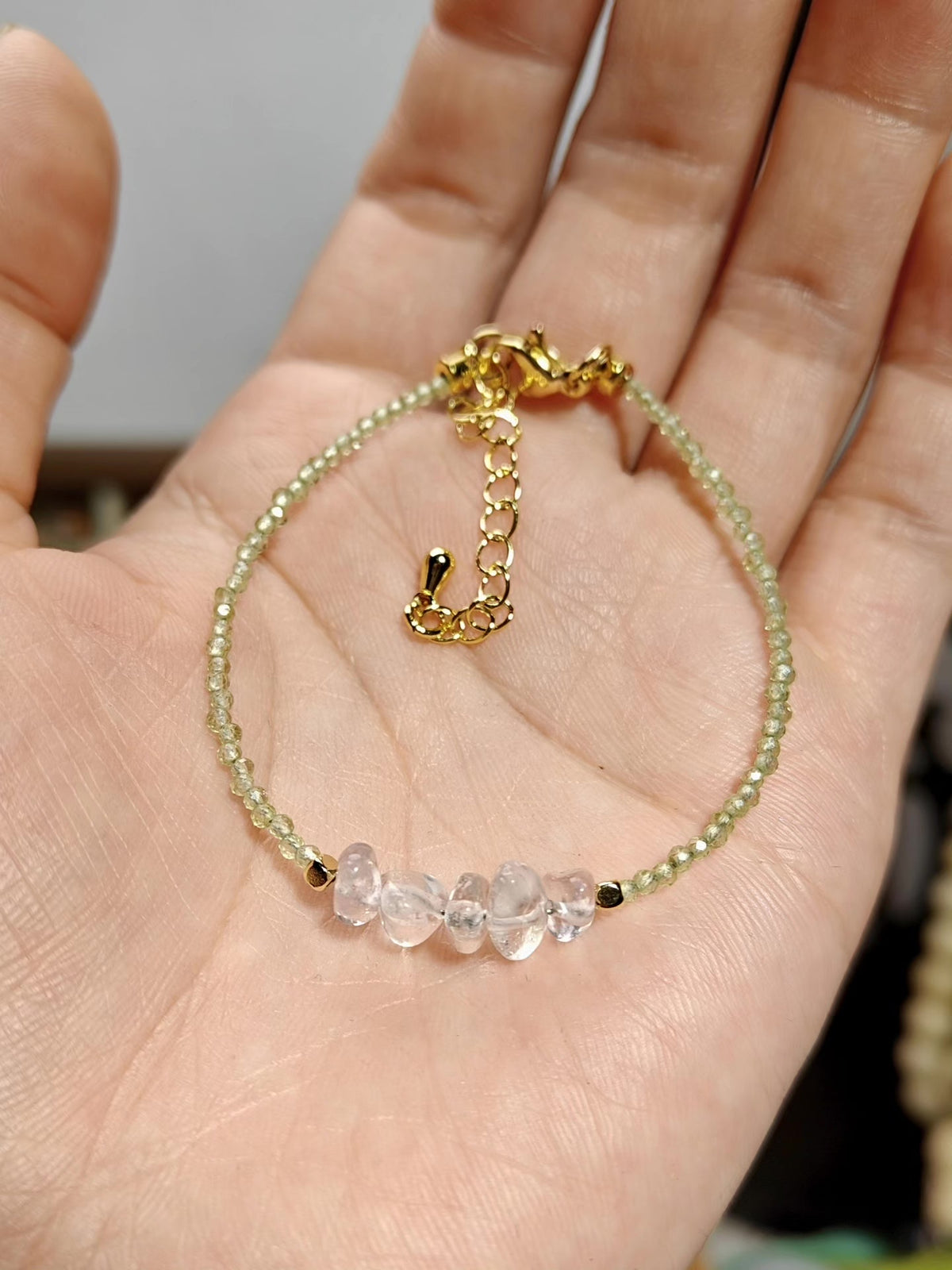 Handcrafted Peridot and White Quartz Bracelet