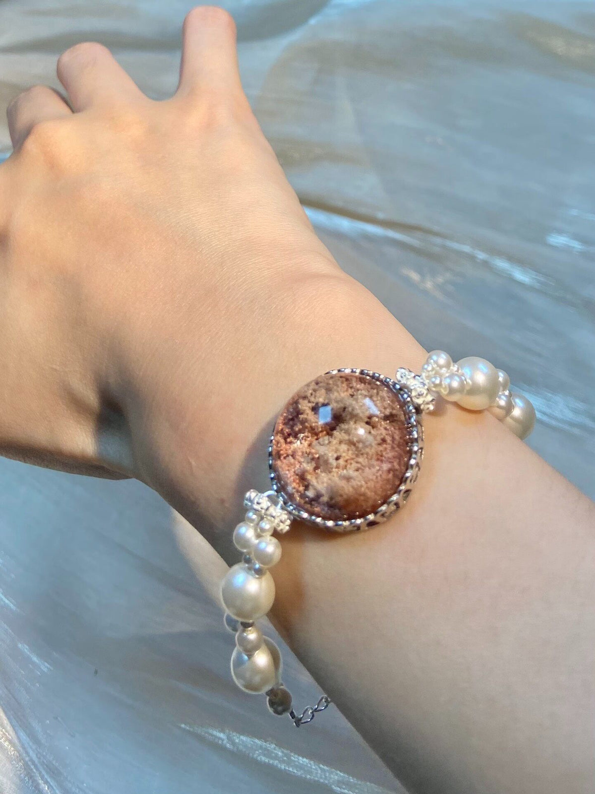 Pink Phantom Quartz Bracelet with Swarovski Pearls