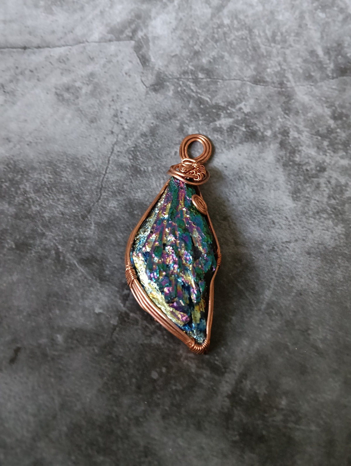 Copper Wire Wrapped Iridescent Stone Pendant