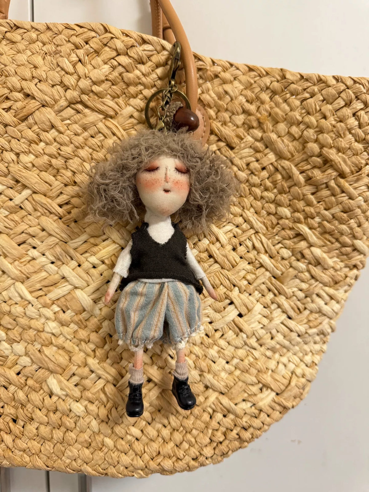Handmade Fabric Doll Pendant with Curly Yarn Hair