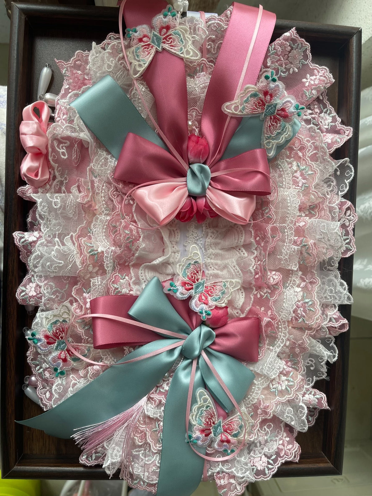 Lolita Pink Green Lace Bonnet Handmade