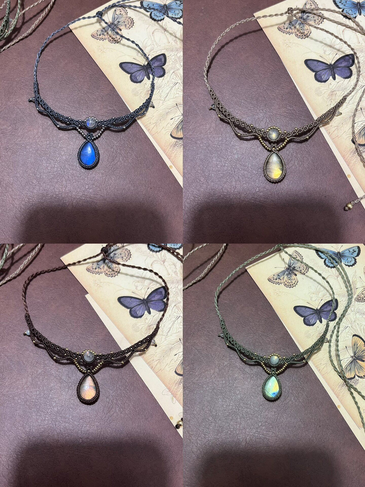 Macrame Waxed Cord Choker Necklace Labradorite