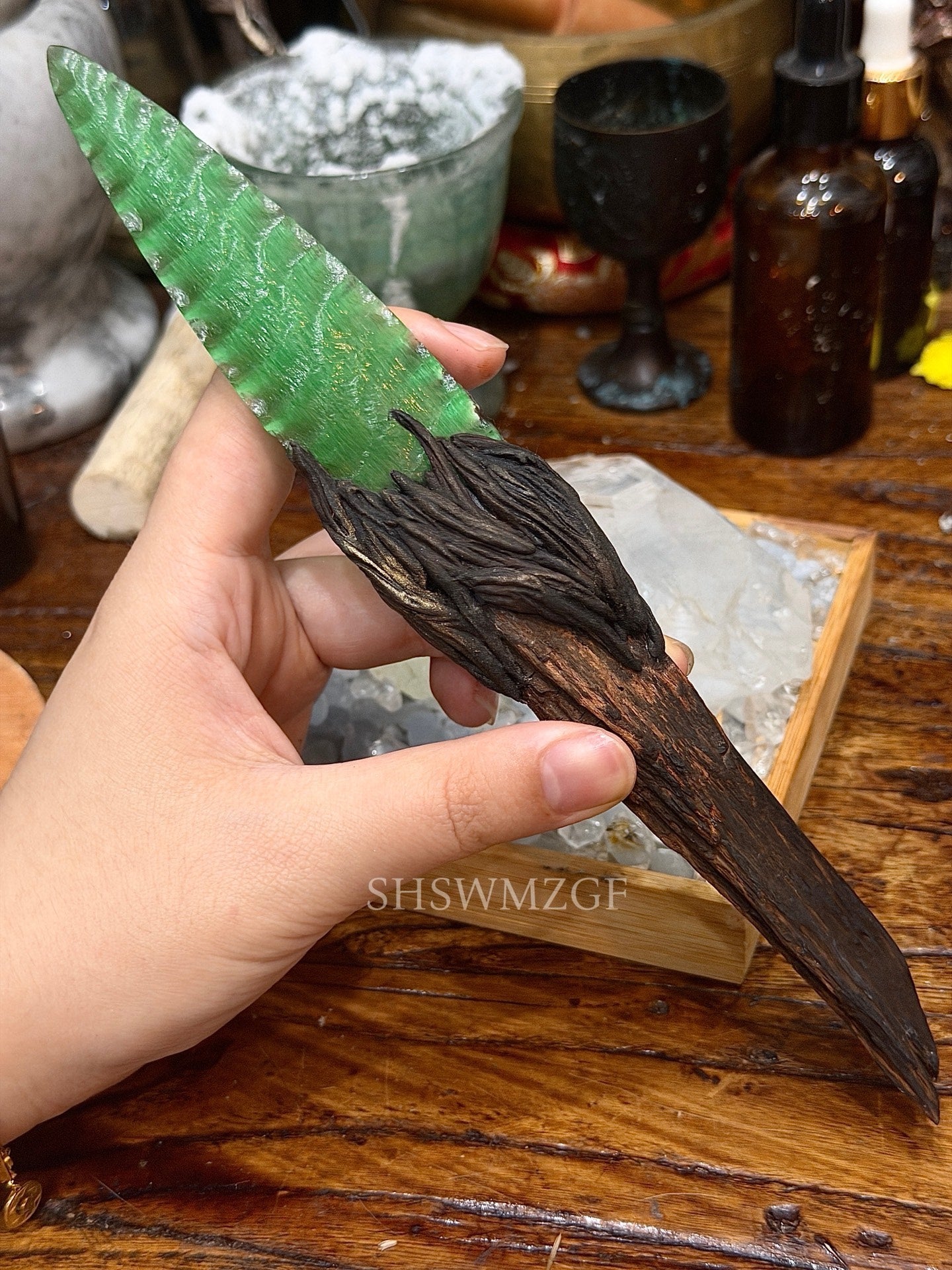 Handcrafted Wood and Green Gemstone Decorative Piece