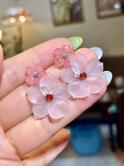 18K Gold Floral Stud Earrings with Pink Stone and Diamond Center