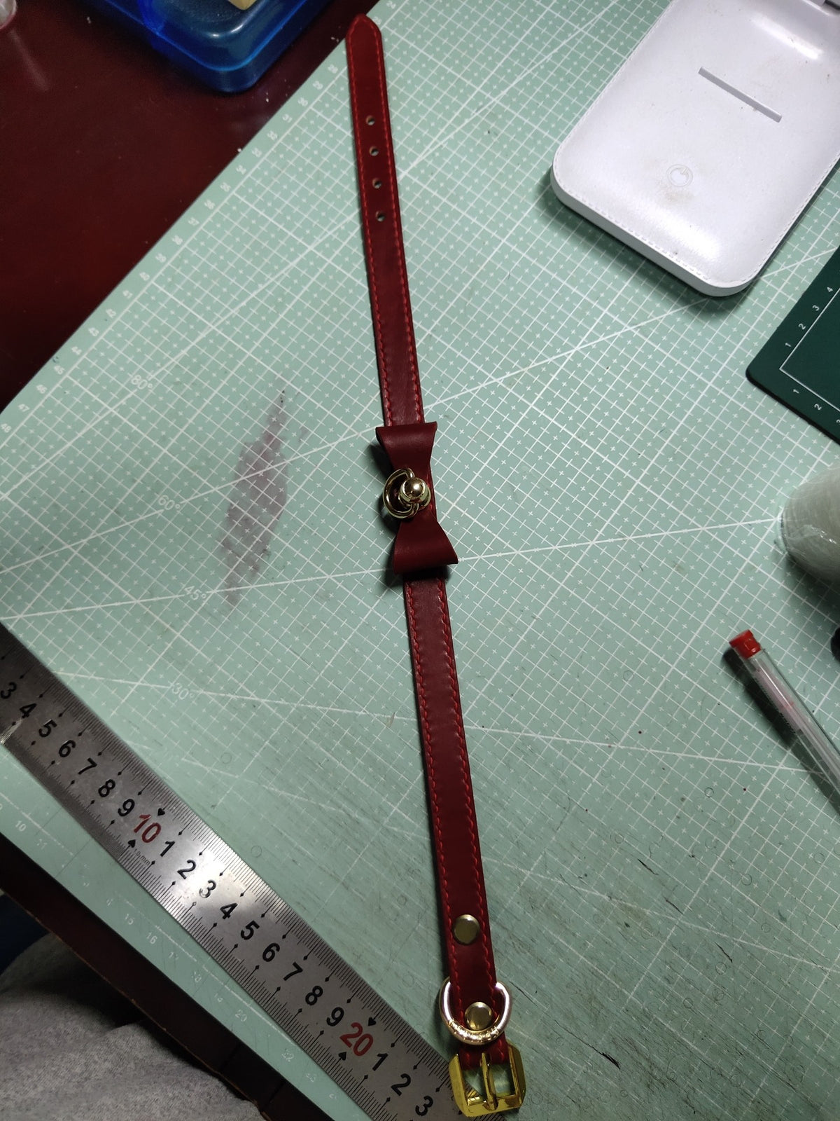 Collier en cuir véritable rouge et noir avec anneau en D doré