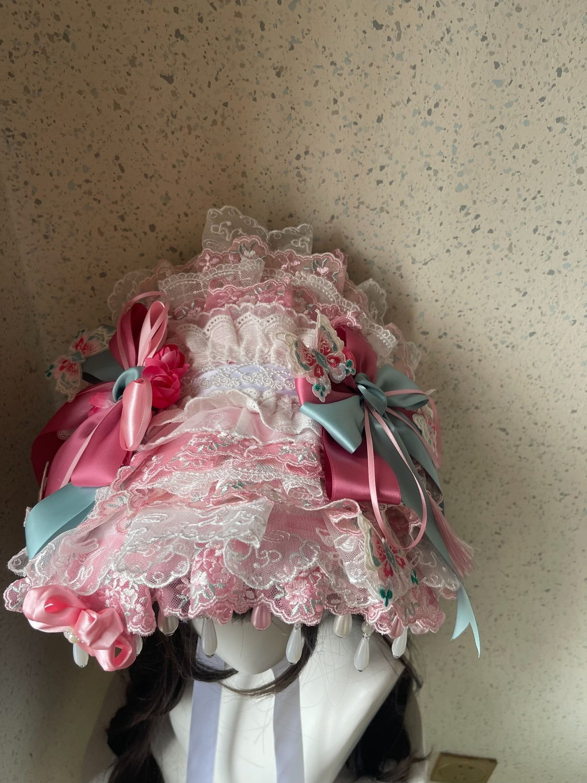 Lolita Pink Green Lace Bonnet Handmade