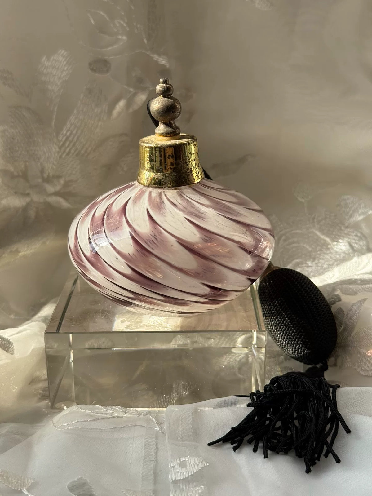 Vintage Glass Perfume Bottle White Purple Swirl