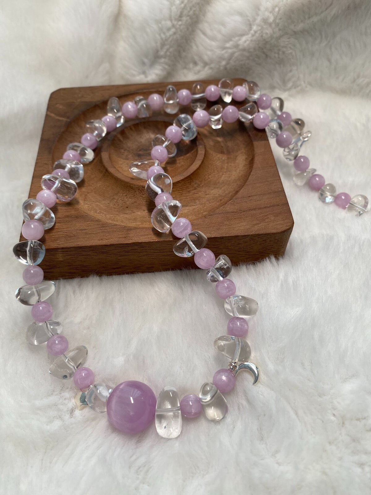 Colar de Contas de Quartzo Branco e Kunzite em Prata Esterlina